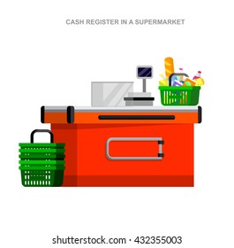 Concept illustration for Shop, supermarket. Vector character cashier. Healthy eating and eco food