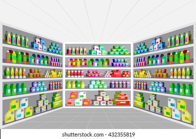 Concept illustration for Shop, supermarket. Vector shelves. Healthy eating and eco food