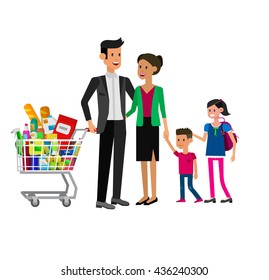 Concept illustration for Shop, supermarket. Vector character family with food. Healthy eating and eco food. Vector flat illustration for supermarket.