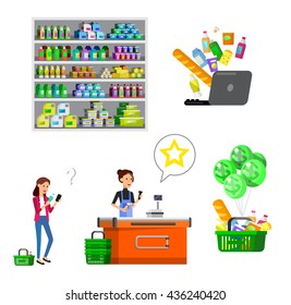 Concept illustration for Shop and supermarket. Vector supermarket shelves. Healthy eating and eco food. Vector flat illustration