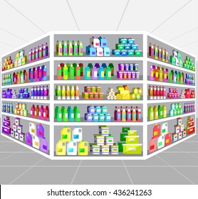 Concept illustration for Shop and supermarket. Vector supermarket shelves. Healthy eating and eco food. Vector flat illustration