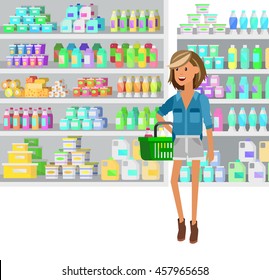 Concept illustration for Shop, supermarket. Vector character woman chooses products in supermarket. Healthy eating and eco food