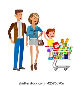Concept illustration for Shop. Vector character family with food from the supermarket. Healthy eating and eco food.