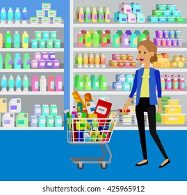 Concept illustration for Shop. Vector character woman chooses products in supermarket. Healthy eating and eco food