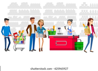 Concept illustration for Shop. Vector character woman cashier in supermarket. Healthy eating and eco food, cash register and buyer