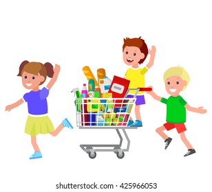 Concept illustration for Shop. Vector character kid playing together, riding supermarket shopping cart. Healthy eating and eco food