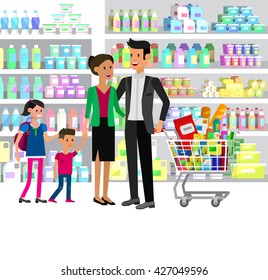 Concept illustration for Shop. Vector character people in supermarket. Healthy eating and eco food