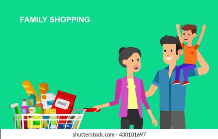 Concept illustration for Shop. Vector character family with food from the supermarket. Healthy eating and eco food