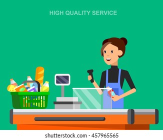 Concept illustration for Shop. Vector character woman cashier in supermarket. Healthy eating and eco food