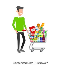 Concept illustration for Shop. Vector character man with supermarket cart. Healthy eating and eco food