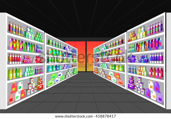 Concept Illustration Shop Vector Supermarket Shelves: เวกเตอร์สต็อก ...