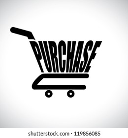 Concept illustration of shopping cart with the word purchase. The graphic represents online shopping concept using e-commerce to buy/purchase anything online