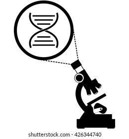 Concept illustration showing a DNA strand being viewed through a microscope lens