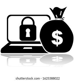 Concept illustration showing a locked computer and a bag of ransom money beside it