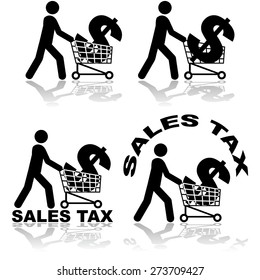 Concept illustration showing a man carrying a dollar sign in a shopping cart, representing the sales tax over a product
