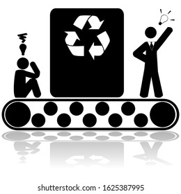 Concept illustration showing a sad man going on a recycling conveyor belt and coming out happy with a recycled idea