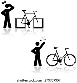 Concept illustration showing someone having a problem with a bicycle that has square wheels and then figuring out that it's solved with round ones