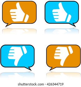 Concept illustration showing a speech bubble with a positive and a negative review