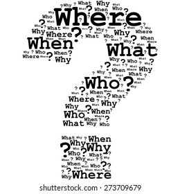 Concept illustration showing a word cloud shaped like a question mark with the traditional Five Ws of reporting: what, why, when, who and where