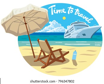 ilustração conceito com slogan de resort de praia e navio de cruzeiro oceânico