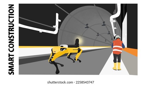 A concept illustration of smart construction - A construction robot is entering the tunnel with a worker