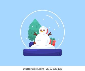 Ilustración conceptual de un globo de nieve que contiene un muñeco de nieve, regalos y un árbol de Navidad. Temporada de nieve y Navidades. Celebraciones, eventos, fiestas y festivales. Diseño de estilo plano. Fondo azul, Elementos de calendario, Anuncios, carteles, tarjetas de felicitación.