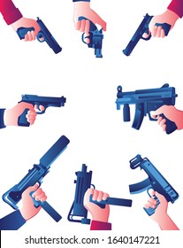 Concept Illustration für jemanden oder etwas, das an einem Punkt ist, umgeben von verschiedenen Arten von Waffen.
