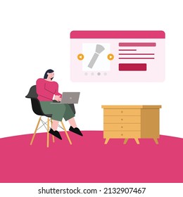 The concept of illustration of someone a woman is opening a laptop and opens eCommerce beauty products
