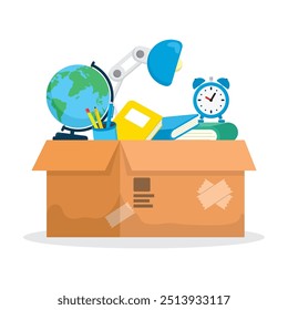 concept illustration of stacking school tools in a cardboard box, flat style vector illustration.
