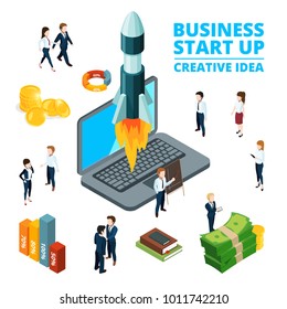 Concept illustration of starting business. Startup visualization. 3d isometric pictures. Startup business isometric, launch rocket vector