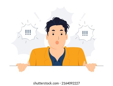 Concept illustration of Startled, Shocked and speechless man witness something, cover mouth with hands and looking at you, gasping astounded with revelation, hear stunning gossip flat cartoon style