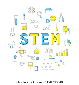 Concept illustration of STEM education with icons scattered on the background (white background, vector, cut out)