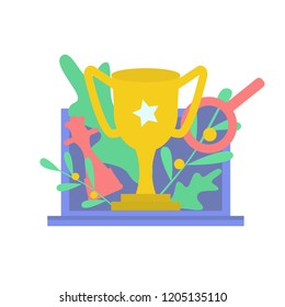 Concept illustration success of bussines strategy. Colorful vector with champion cup, chess, magnifier on laptop monitor.