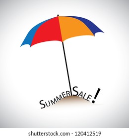 Concept illustration of summer sale in a beach with colorful umbrella. The graphic contains a huge umbrella in red, orange and blue colors on a mound of sand with words "summer sale"