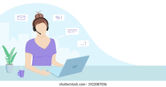 Ilustración conceptual para soporte, asistencia al cliente, centro de llamadas, servicio al cliente. Mujer con auriculares y micrófono con portátil, hecho en vector. Ilustración vectorial en estilo plano