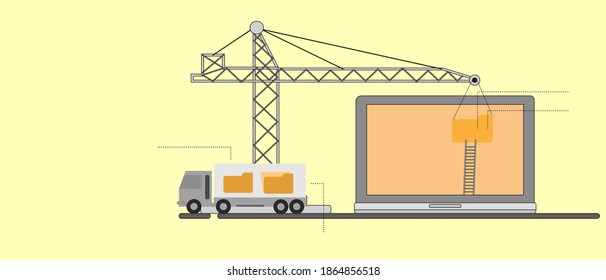 
Ilustración conceptual del apoyo al negocio de la información informática Sistema de transporte de grúas de dibujos animados en línea