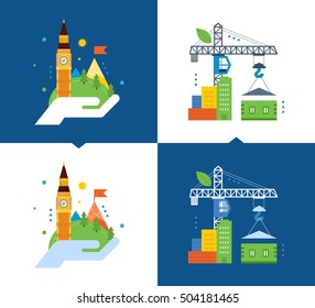 Concept of illustration - support for environmental cleanliness, eco friendly, ecology and construction of ecological houses. Vector illustrations on a light and dark background.