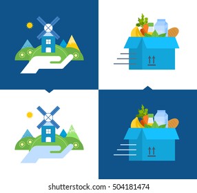 Concept of illustration - support for environmental cleanliness, clean food and natural products, delivery.  Light and dark background.