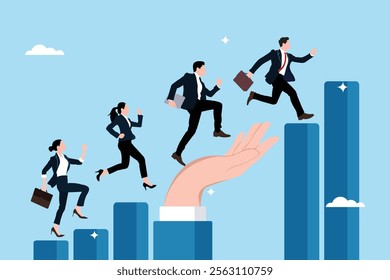 Concept illustration of supporting or helping to move towards success. Helping employees achieve career paths or leadership. Businessman's hand helps people climb the growth graph. Growth assistance.