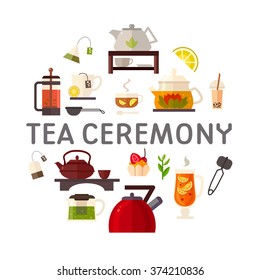 Concept illustration of tea party in circle shape. Tea ceremony with icons isolated on white background. Set of tea accessories: cup, teapot, tea tools, glass in flat style. Tea time vector symbols.