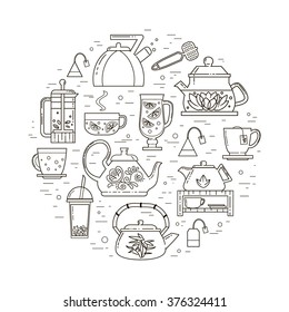 Concept illustration of tea party in circle shape. Tea ceremony with icons isolated on white background. Set of tea accessories: cup, teapot, tea tools, glass in flat style. Tea time vector symbols.