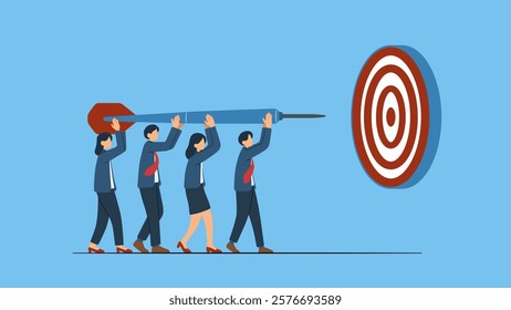 Concept illustration of team target to reach target bullseye achievement, reaching goal or success. Teamwork strategy, challenge or aspiration to win together, leadership to lead team.