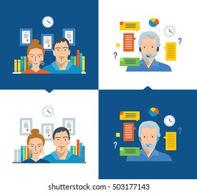 Concept of illustration - team and teamwork, working place and space, technical support, online training, distance learning courses. Vector illustration shown in light and dark background.