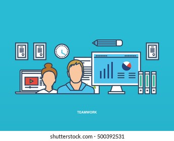 Concept of illustration - teamwork, joint planning, management and implementation tasks. Vector illustration for website, banner, printed materials and mobile app.