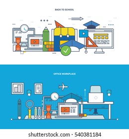 Concept of illustration - teamwork, office workplace, modern education and learning, collaboration, research and information technology. Vector design for website, banner and mobile app.