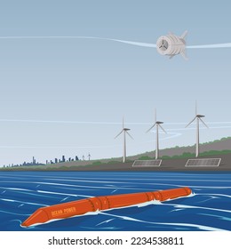 Concept illustration of technology for renewable energy. Presented are a wave power plant, a solar panel, a wind generator and a buoyant aircraft turbine. Panoramic view of the coast and cityscape.