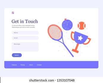 Concept illustration template for feedback page. On a pattern background sports objects: tennis racket, stopwatch, ball, winner's cup. Vector illustration.