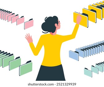 Ilustração de conceito que apresenta a Internet e o trabalho no escritório. Uma mulher examina arquivos e pastas.