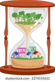 Concept Illustration of Time Measure of Trees Cut to Build Subdivision. Trees and Houses Inside an Hourglass