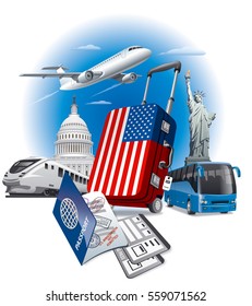 concept illustration of tour in USA and american landmarks
